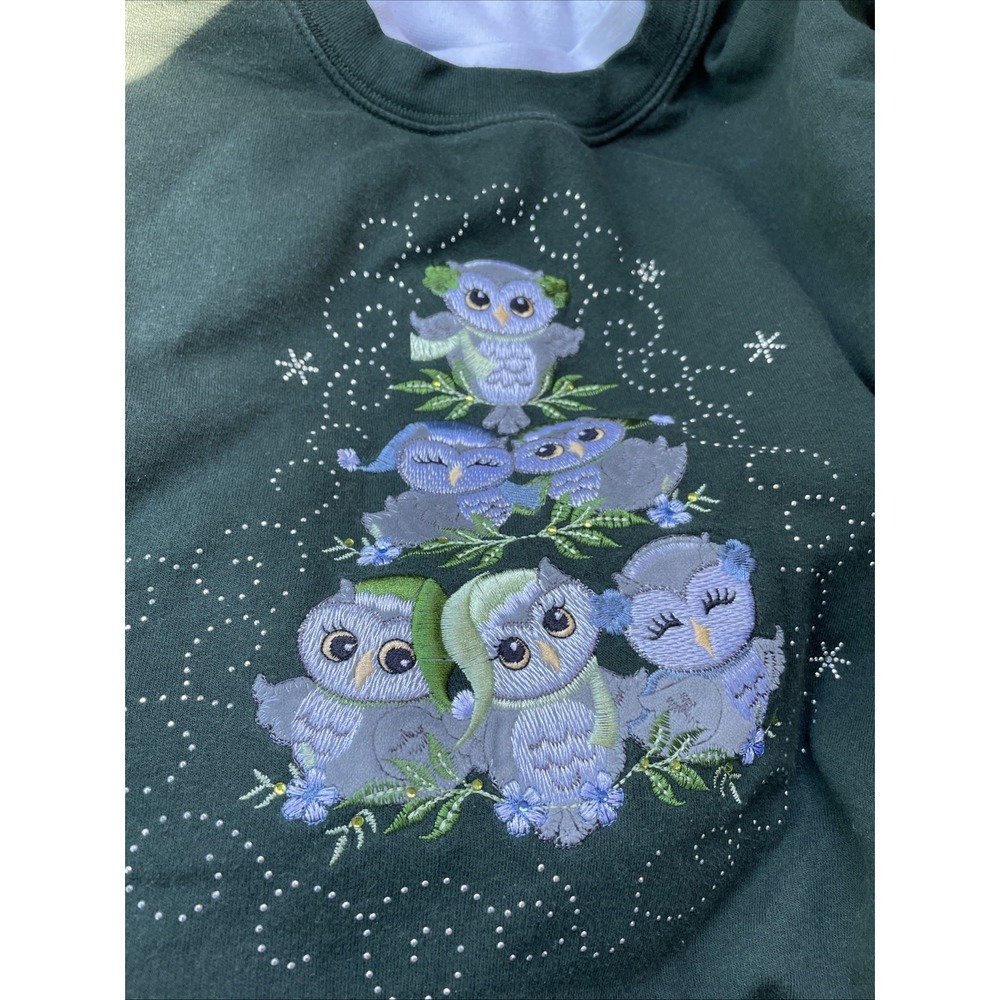 Vintage Women's Top Stitch Sweatshirt Green Holiday Christmas Owls Size XL